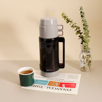 WUJO 1L Plastic Black Grey Travel Glass Inner Insulated Vacuum Flask & Thermos